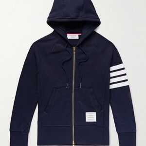 Thom Browne Dark Blue Zip-Up Hoodie with Stripes